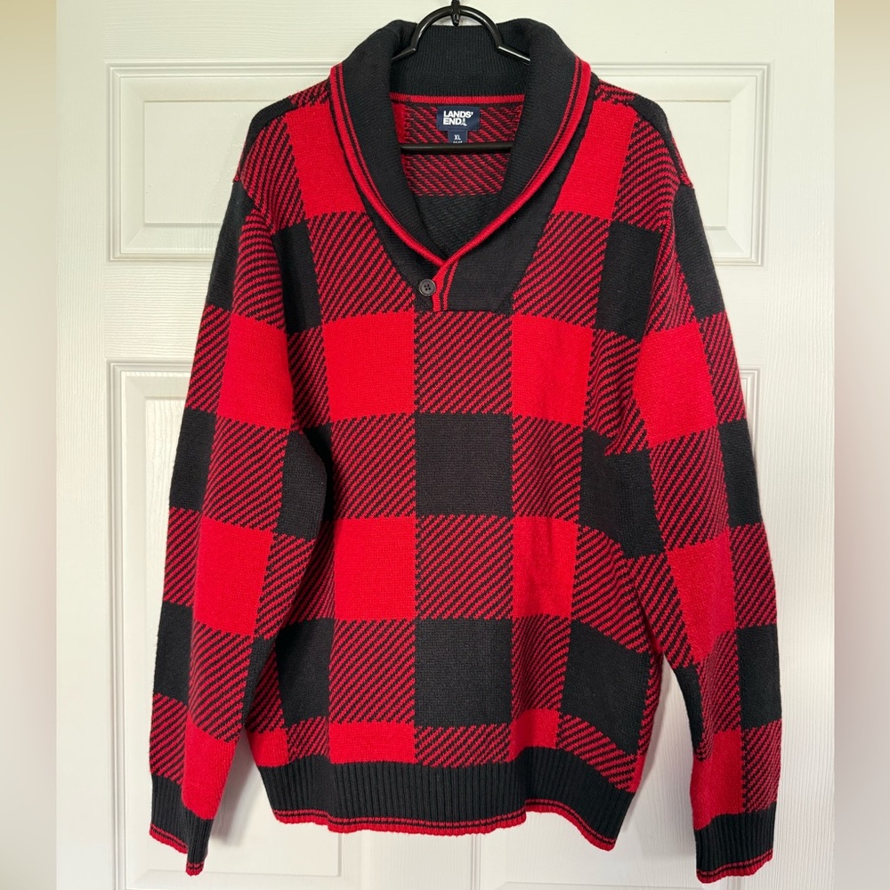 Lands' End Red and Black Buffalo-Check V-Neck Shawl Sweater